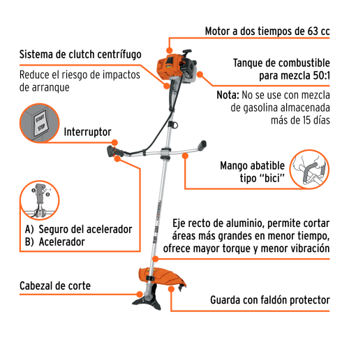 DESMALEZADORA A GASOLINA 63 cc MANGO TIPO "BICI" 18" TRUPER