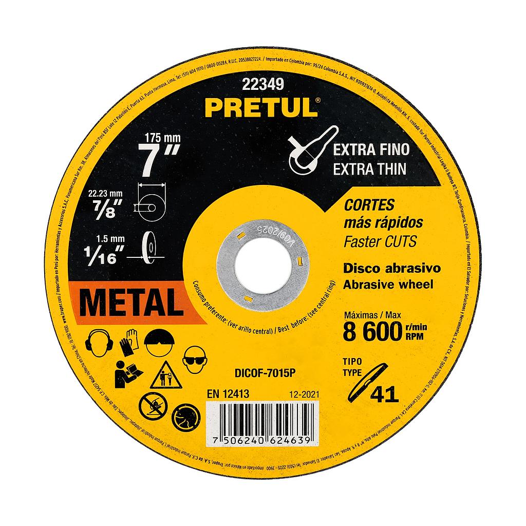 DISCO ABRASIVO DE CORTE PRECISO METAL 7" X 1.5 mm  PRETUL