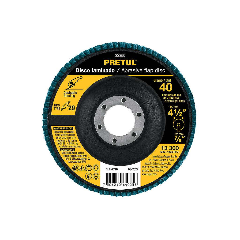 DISCO LAMINADO 4-1/2", GRANO 40 CENTRO 7/8", FIBRA, PRETUL