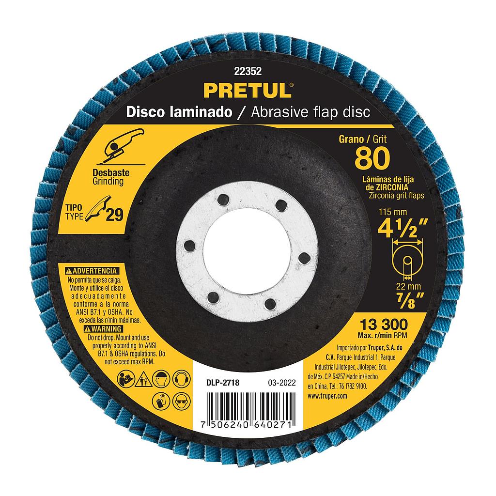 DISCO LAMINADO 4-1/2"  GRANO 80 CENTRO 7/8"  FIBRA  PRETUL