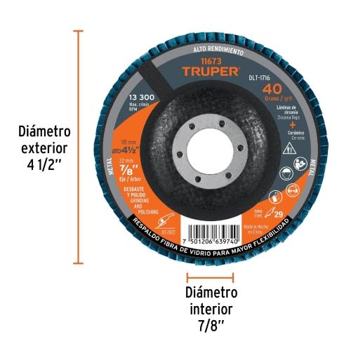 DISCO LAMINADO 4-1/2" GRANO 40 CENTRO 7/8" FIBRA TRUPER