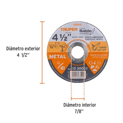 DISCO ABRASIVO DE CORTE PRECISO METAL 4-1/2" X 1 mm TRUPER
