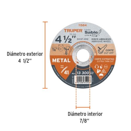 DISCO ABRASIVO DE CORTE PRECISO METAL 4-1/2" X 1.2 mm TRUPER