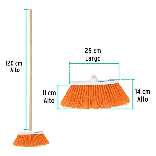 ESCOBA MEDIANA TIPO CEPILLO CERDAS DE PVC BASTON DE MADERA