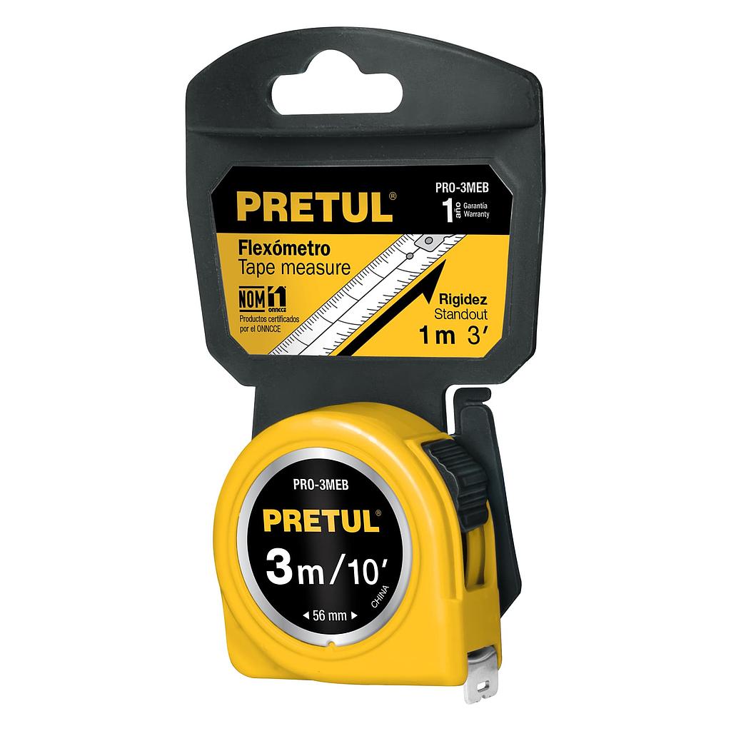 FLEXÓMETRO AMARILLO 3 m CINTA 13 mm, EN TARJETA, PRETUL