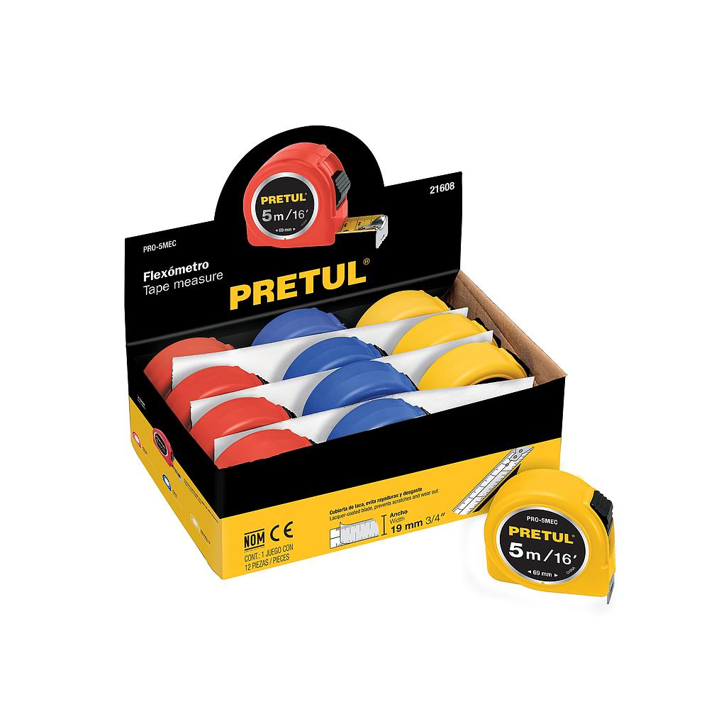 FLEXOMETRO 5 MTS EN COLORES PRETUL
