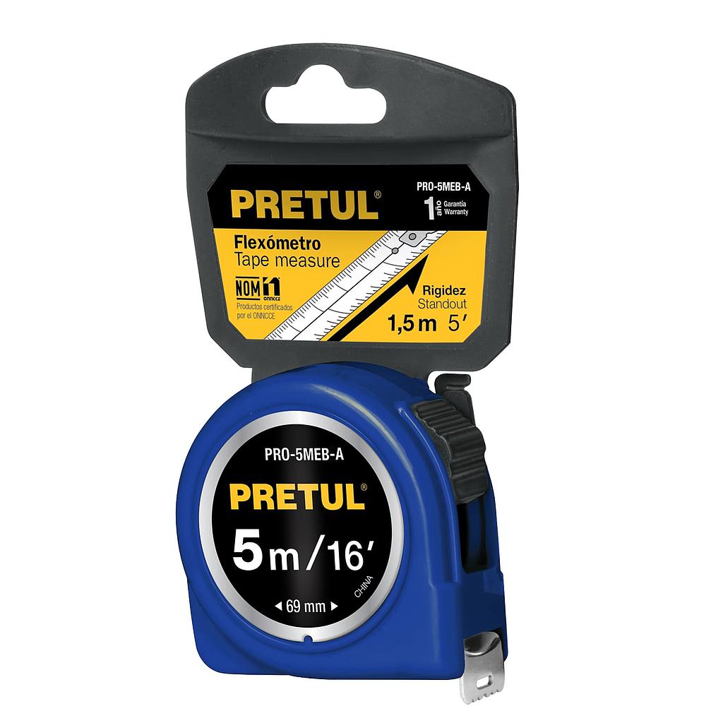 FLEXÓMETRO AZUL 5 m CINTA 19 mm, EN TARJETA, PRETUL