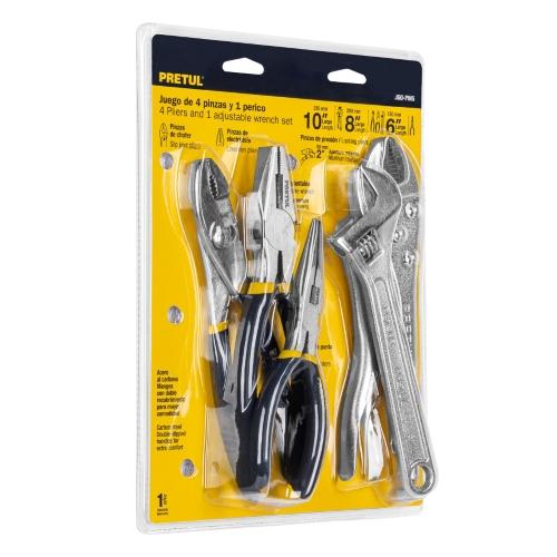 JUEGO DE 4 PINZAS Y 1 LLAVE AJUSTABLE, PRETUL