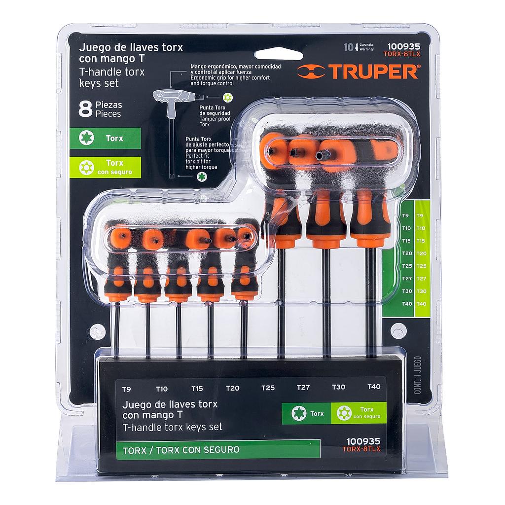 JUEGO DE 8 LLAVES TORX EXTRALARGAS CON MANGO T, TRUPER