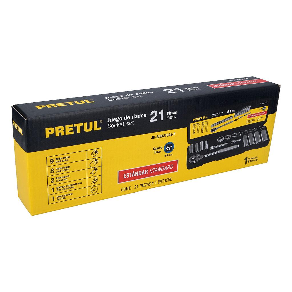 JUEGO DE DADOS 21PZAS PRETUL(JD-3/8X21SA
