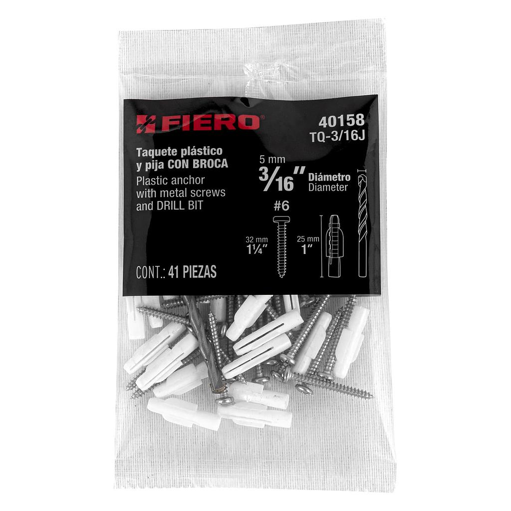 KIT DE 20 TAQUETES DE 3/16" CON PIJAS #6 Y 1 BROCA DE 3/16" FIERO