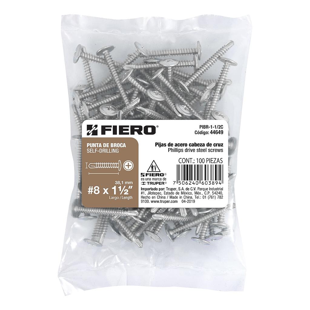 BOLSA DE 100 PIJAS #8 X 1-1/2" CABEZA CRUZ PUNTA DE BROCA FIERO
