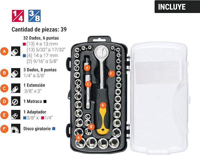 JUEGO 39 PIEZAS DADOS 1/4 Y 3/8 PRETUL