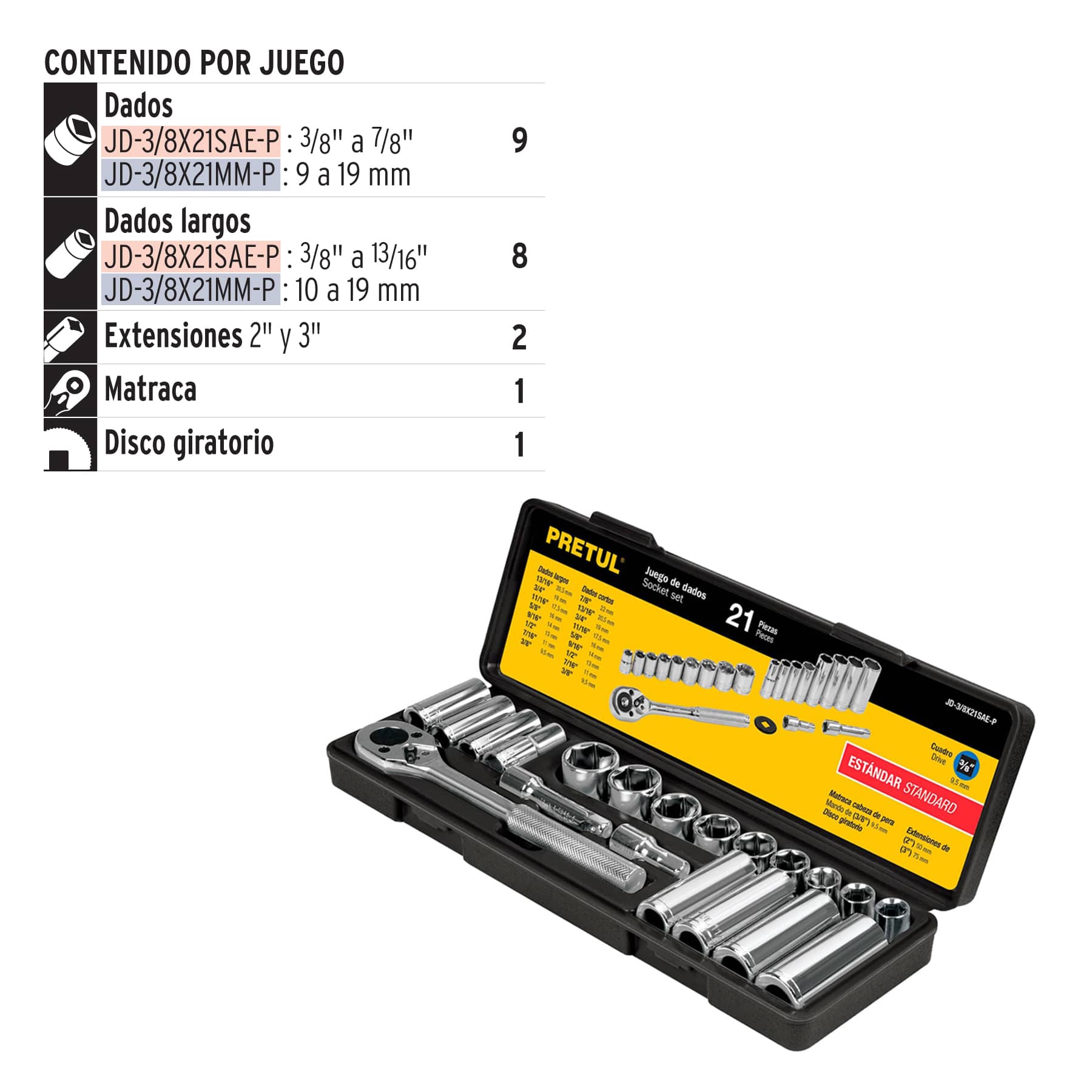 JUEGO DE DADOS 21PZAS PRETUL(JD-3/8X21SA