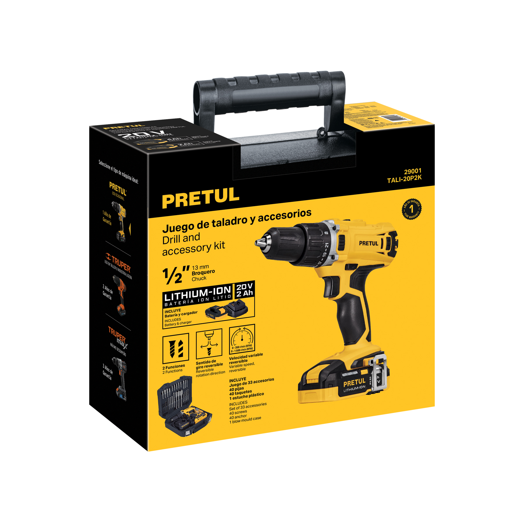 KIT TALADRO 1/2´, 20V, 1 BATERIA  2AH, 32 ACCESORIOS  PRETUL