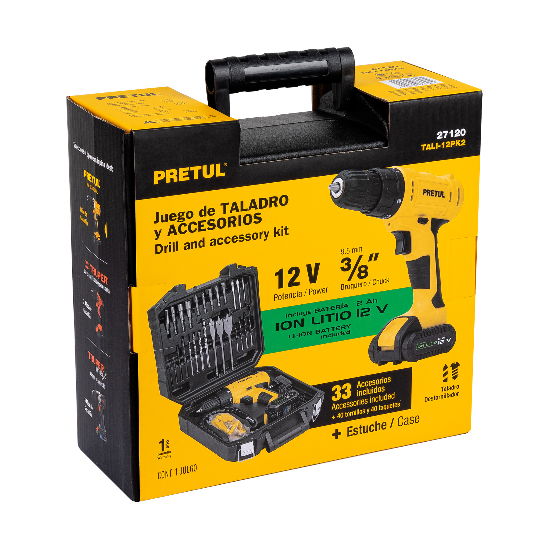 KIT TALADRO INALAMBRICO 12V 3/8 PRETUL