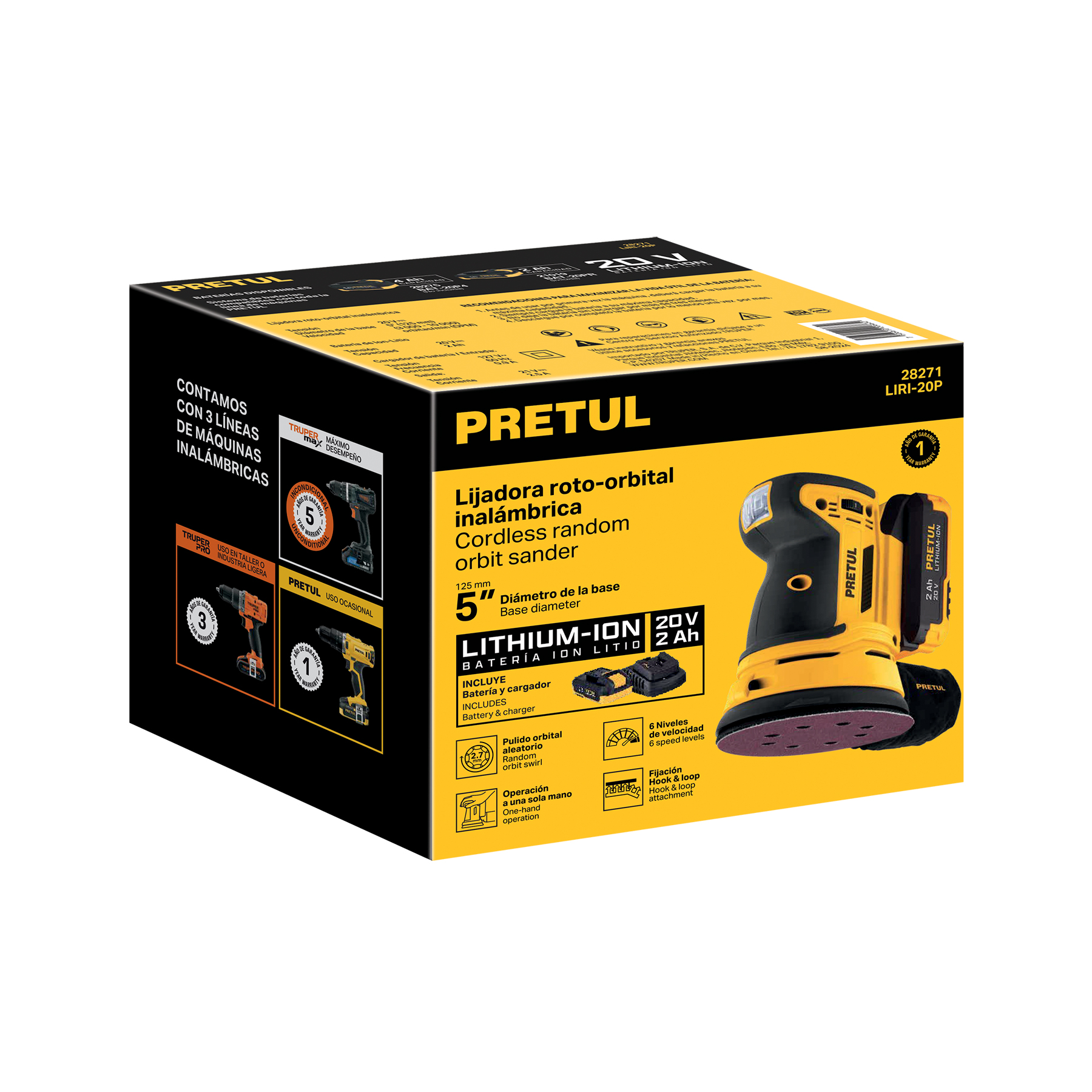 LIJADORA ROTO ORBITAL INALÁMBRICA 5, 20 V, PRETUL