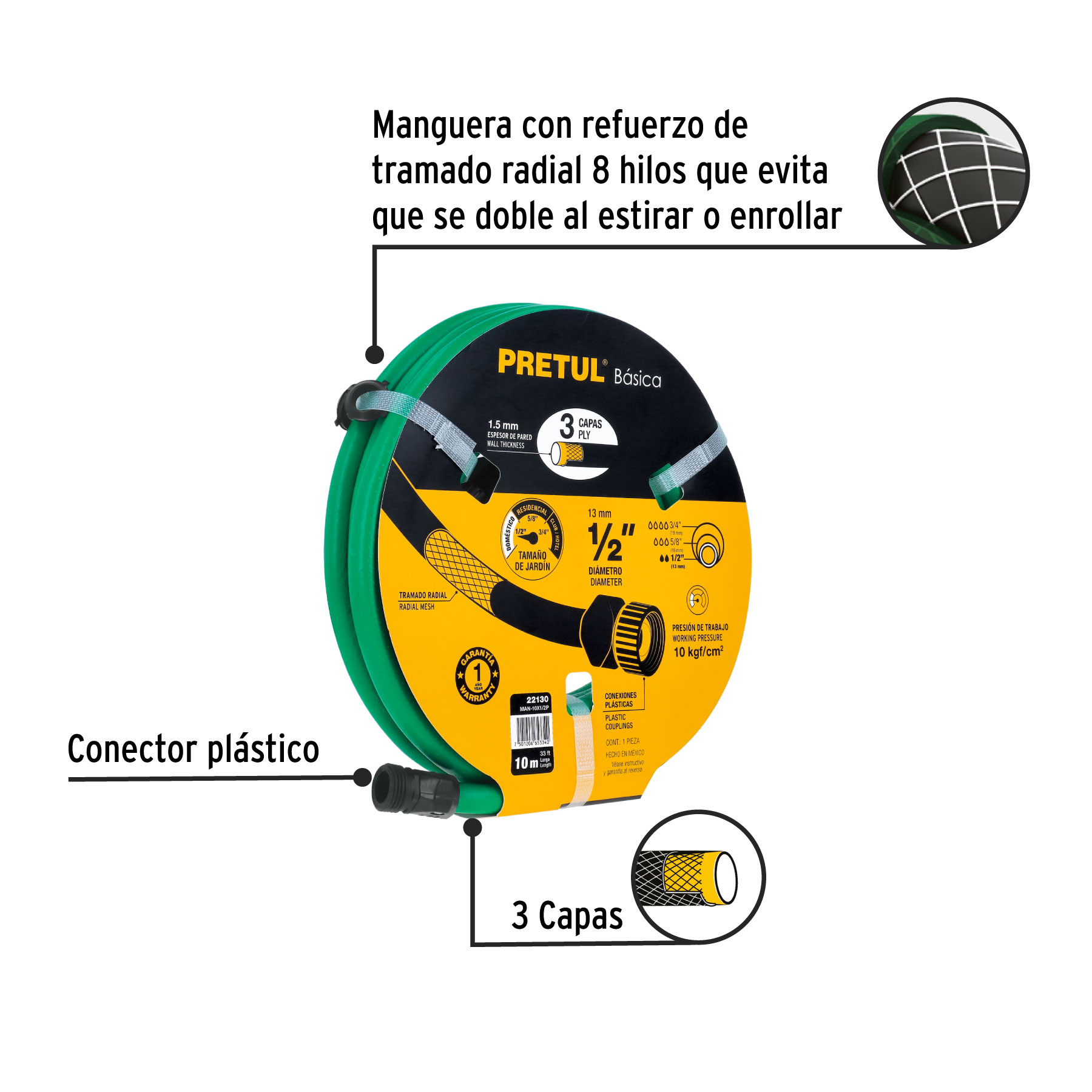 MANGUERA 1/2 10MT 2 CAP. CONX PLAS PRET