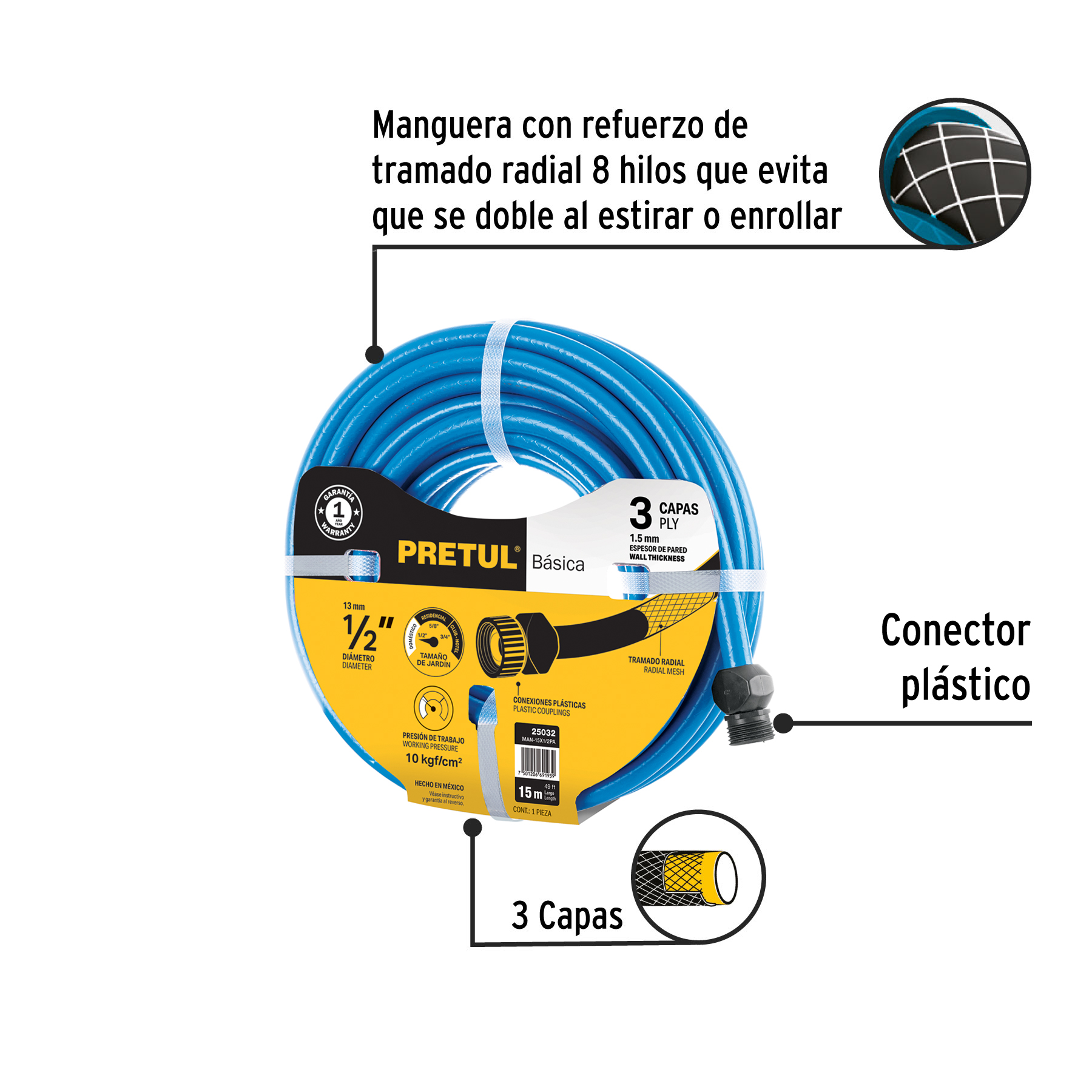 MANGUERA 15M 2 CAPAS CONEX.PLAST PRETUL