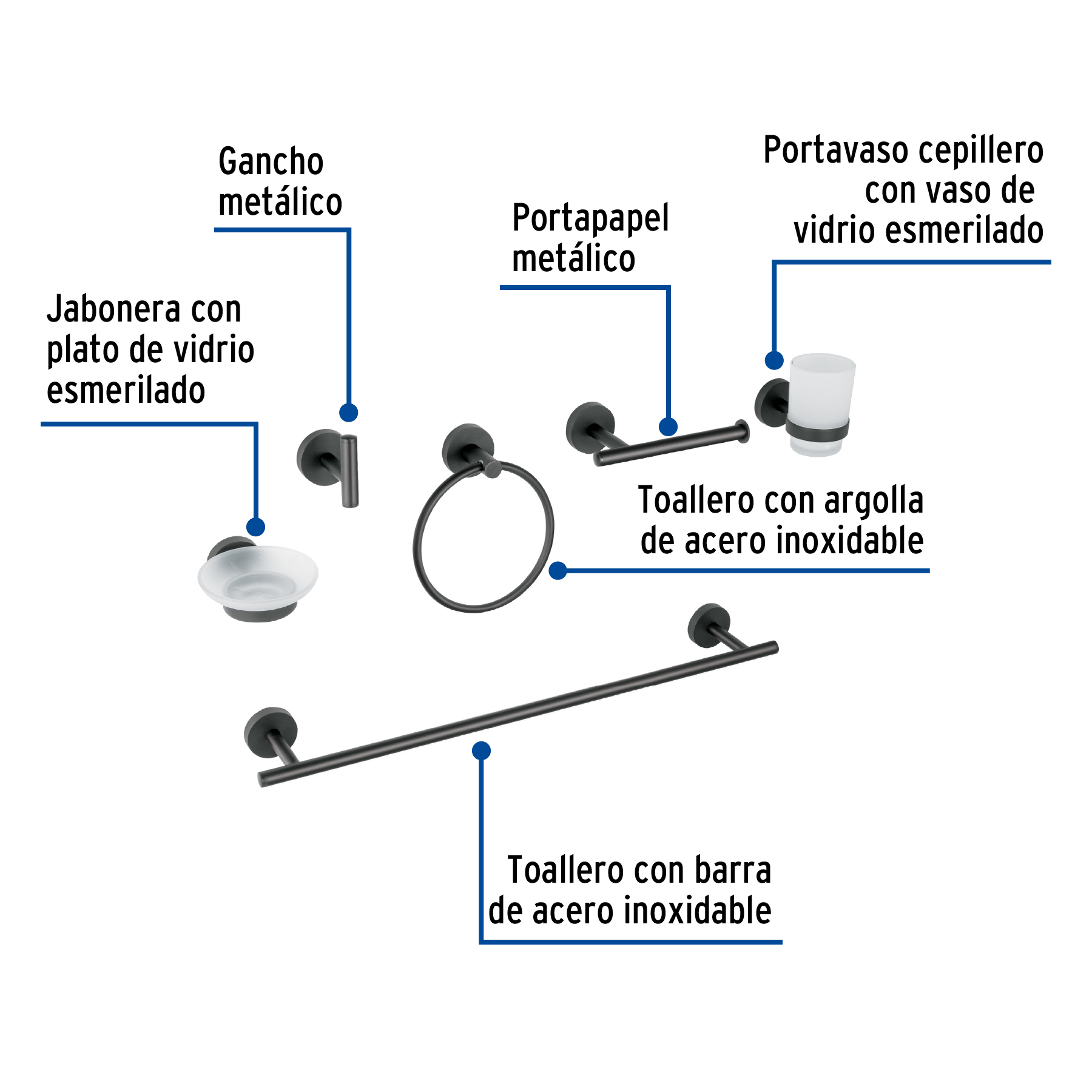 JUEGO DE 6 ACCESORIOS PARA BAÑO ACABADO NEGRO FOSET TUBIG