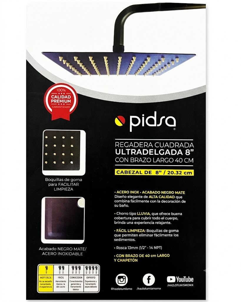 REGADERA CUADRADA 8 C/BRAZO 40CM NEGRO MATE PIDSA