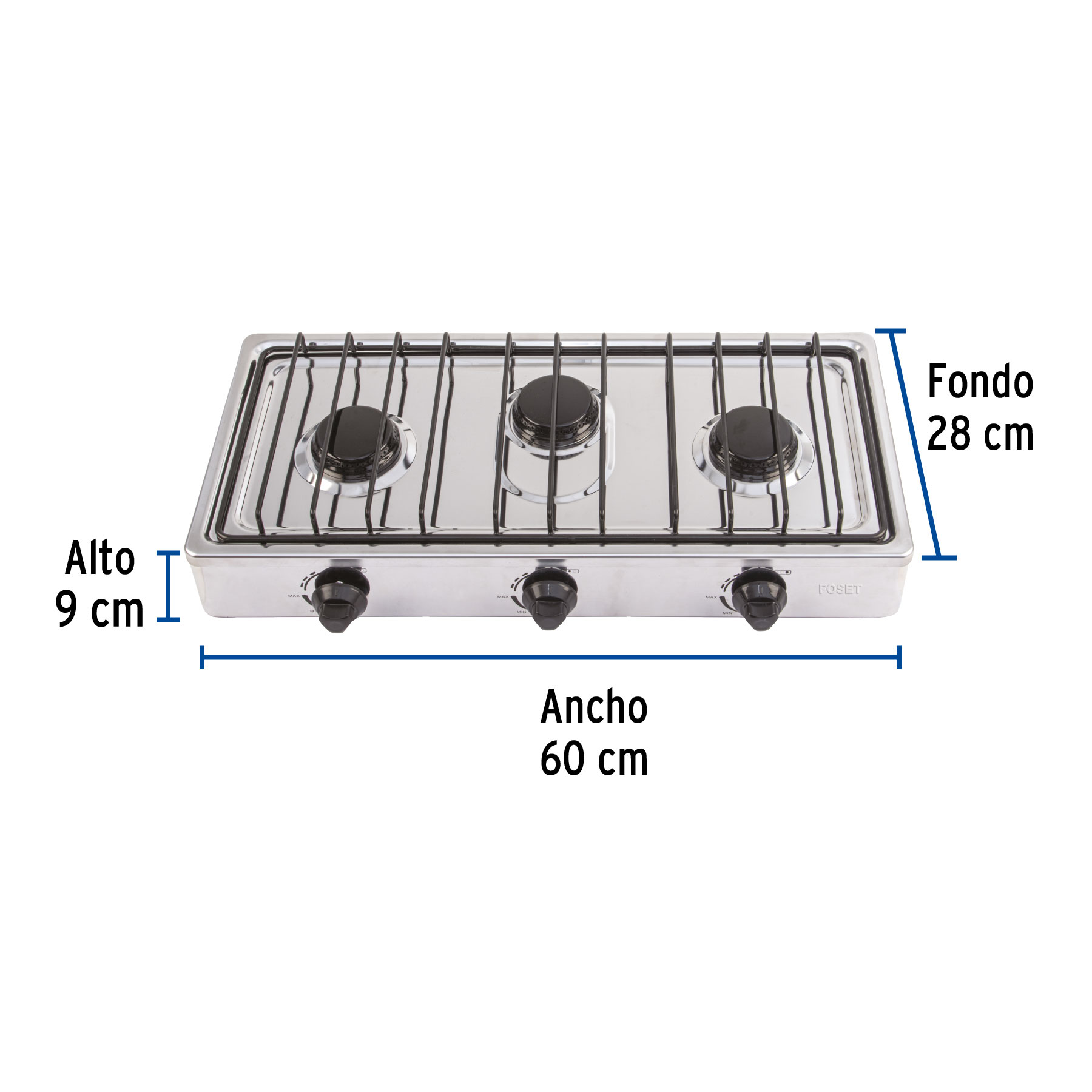 PARRILLA DE GAS DE SOBREPONER 3 QUEMADORES INOXIDABLE FOSET
