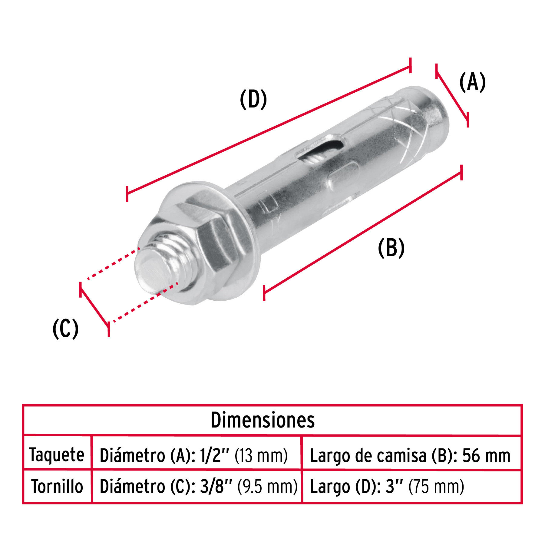 CAJA CON 50 TAQUETES EXPANSIVOS DE 3/8 Plg. CON TORNILLO FIERO
