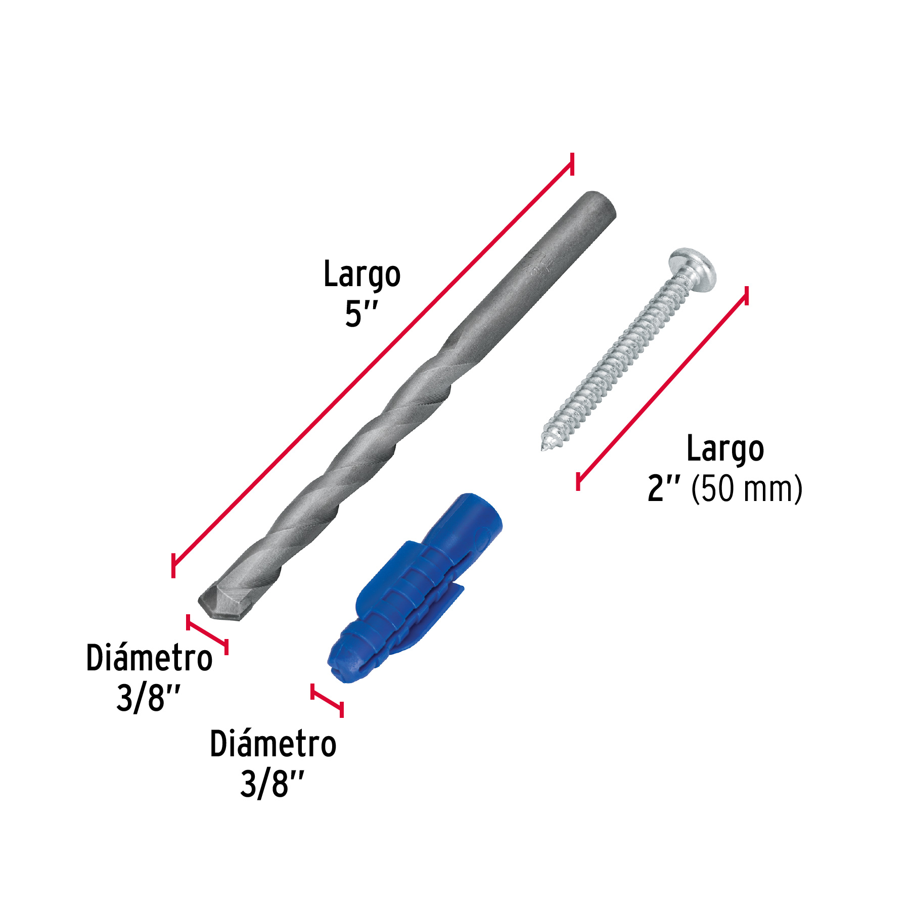 KIT DE 20 TAQUETES 3/8 Plg. CON PIJAS Num.12 Y 1 BROCA 3/8 Plg. FIERO