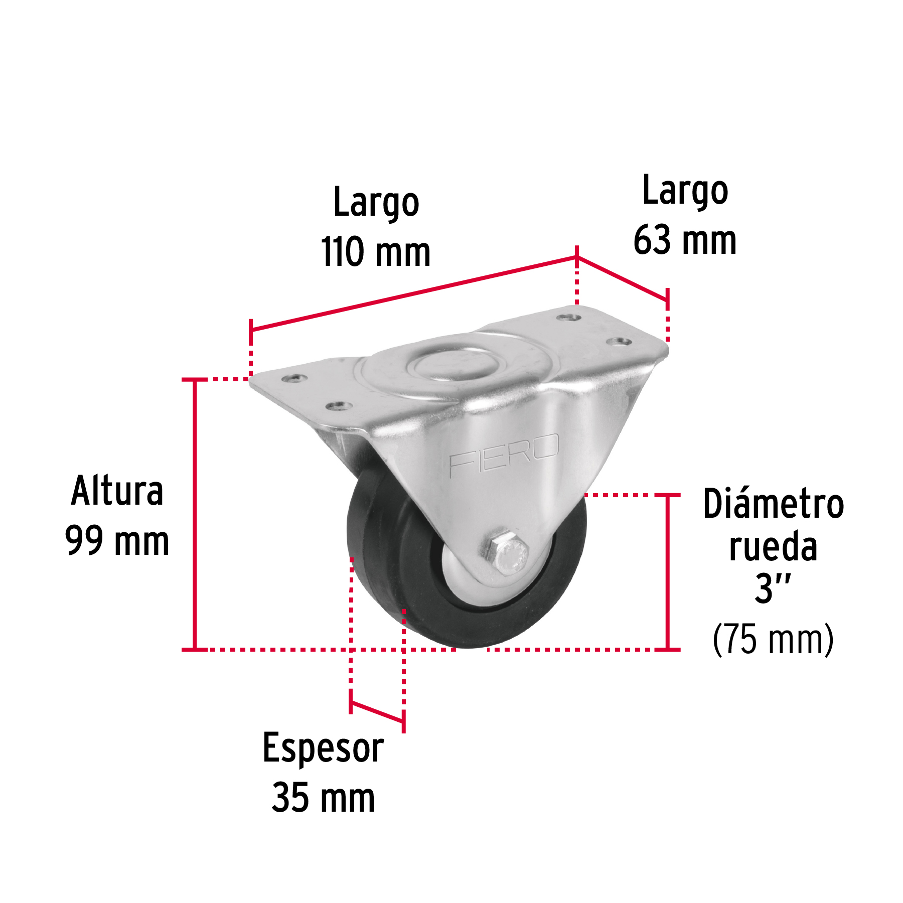 RODAJA HULE 3 Plg. PLACA FIJA CON BALERO CARGA 60 KG FIERO