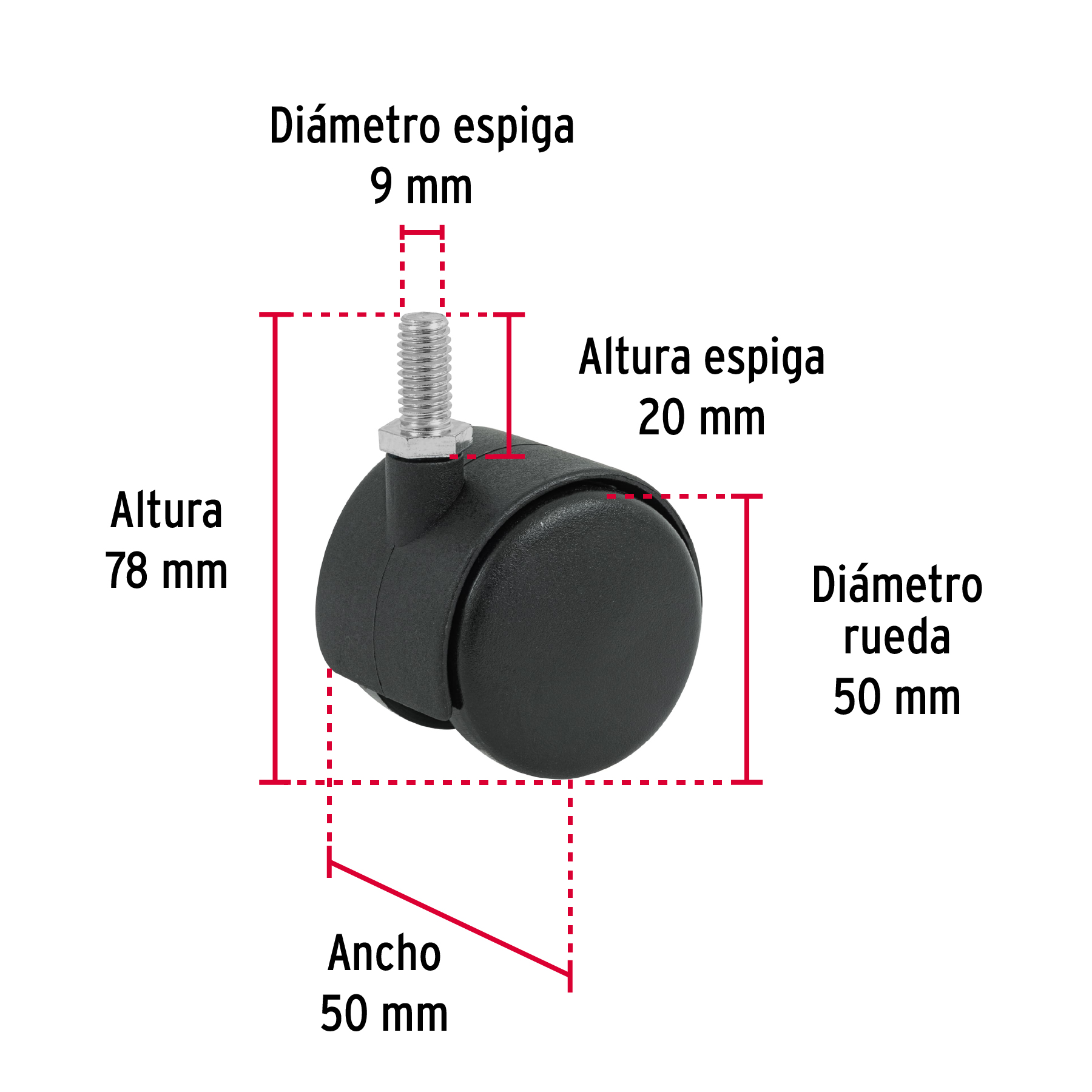 RODAJA TIPO YOYO DE 50 MM CON ESPIGA ROSCADA FIERO