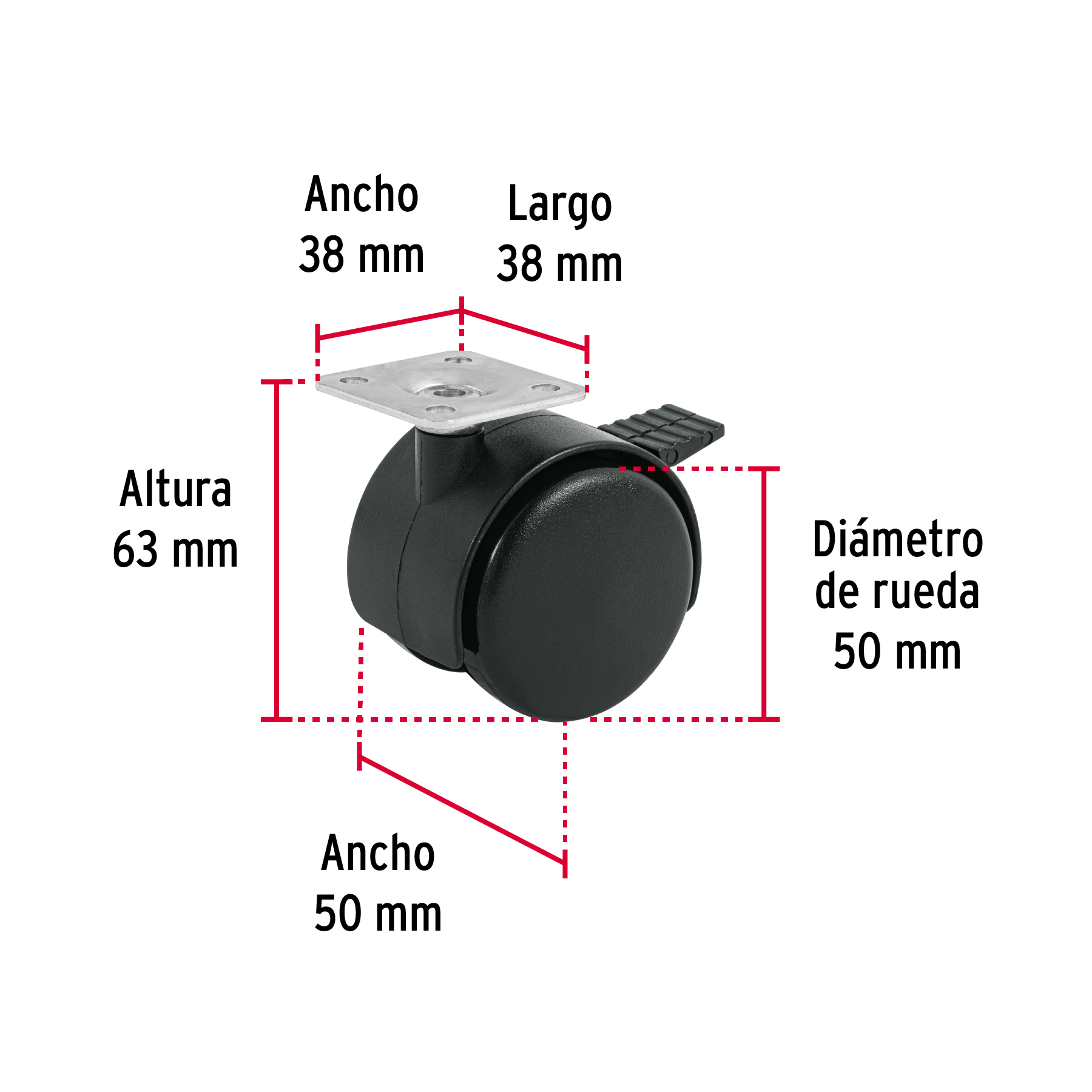 RODAJA TIPO YOYO DE 50 MM CON PLACA CON FRENO FIERO